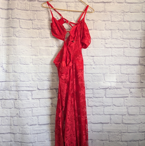 For Love and Lemons Kaia Lace Maxi Dress XS NEW Red Bodysuit Cut Out Slit Sexy - Picture 3 of 9